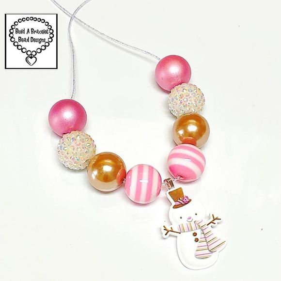 Handmade Pink & Gold Pearl Snowgirl Pendant Necklace | Adjustable Winter Jewelry - Picture 1 of 1